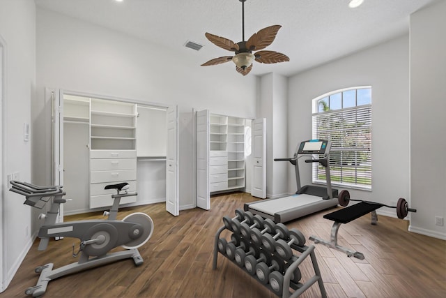 19050 SE Kokomo Ln, Jupiter, FL 33458 - exercise room with ceiling fan, wood finished floors, recessed lighting, and a high ceiling