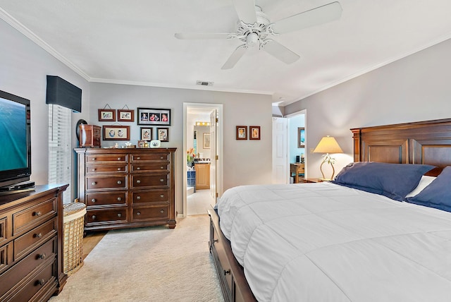 9494 SE Cove Point St, Jupiter, FL 33469 - bedroom featuring light colored carpet, ornamental molding, a ceiling fan, and connected bathroom