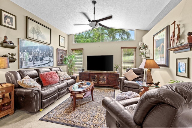 16243 E Calder Dr, Loxahatchee, FL 33470 - living room with a ceiling fan, vaulted ceiling, a textured ceiling, and healthy amount of natural light