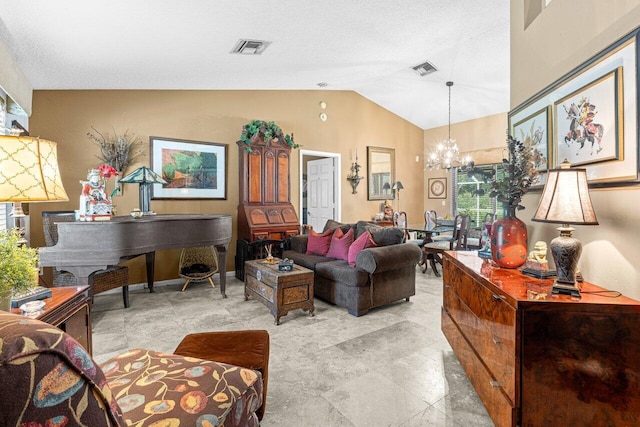 16243 E Calder Dr, Loxahatchee, FL 33470 - living room with a chandelier, lofted ceiling, and healthy amount of natural light