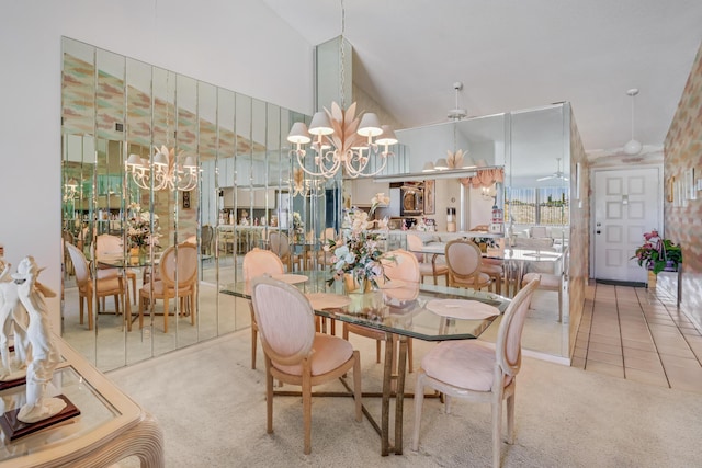 7610 Tahiti Ln Unit 201, Lake Worth, FL 33467 - carpeted dining room with a chandelier, tile patterned flooring, and high vaulted ceiling