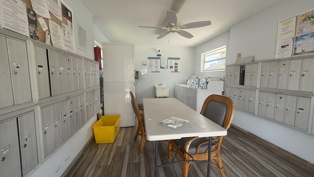 425 Lake Helen Dr, West Palm Beach, FL 33411 - dining space featuring mail area, a ceiling fan, and wood finished floors