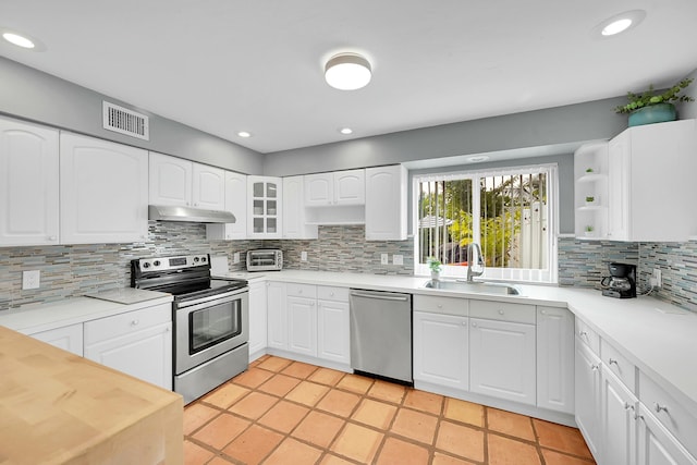 2135 NE 4th Way, Boca Raton, FL 33431 - kitchen featuring stainless steel appliances, under cabinet range hood, open shelves, a sink, and backsplash