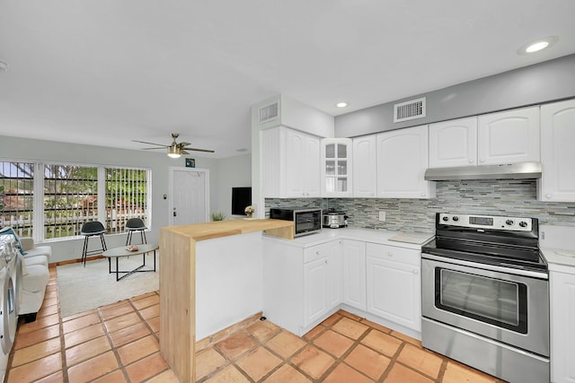 2135 NE 4th Way, Boca Raton, FL 33431 - kitchen with stainless steel electric range oven, under cabinet range hood, light countertops, backsplash, and glass insert cabinets