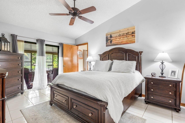 129 Parkwood Dr, Royal Palm Beach, FL 33411 - bedroom with vaulted ceiling, access to outside, a textured ceiling, light tile patterned floors, and a ceiling fan
