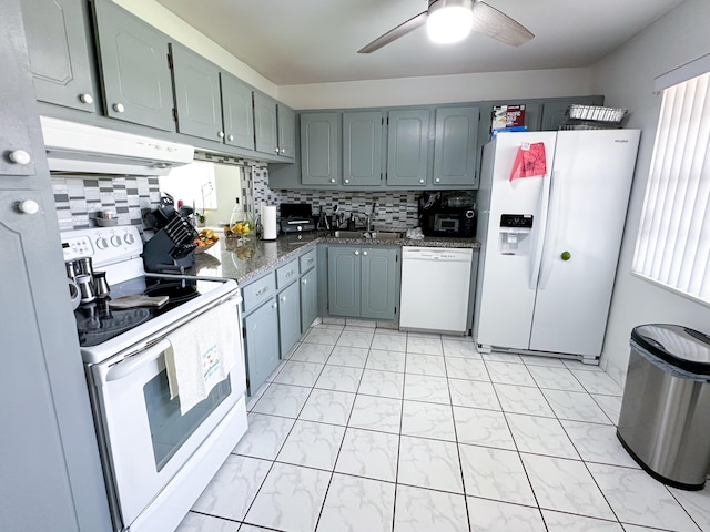 106 Lake Helen Dr, West Palm Beach, FL 33411 - kitchen featuring white appliances, range hood, a sink, ceiling fan, and light marble finish flooring