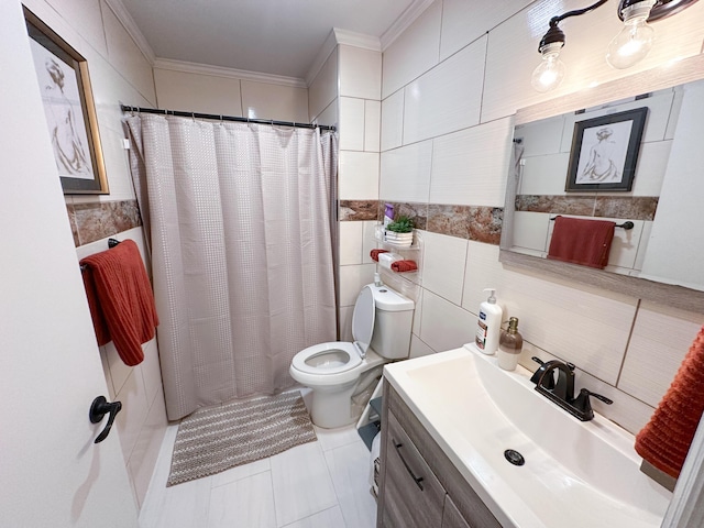 106 Lake Helen Dr, West Palm Beach, FL 33411 - bathroom featuring tile walls, toilet, vanity, ornamental molding, and curtained shower
