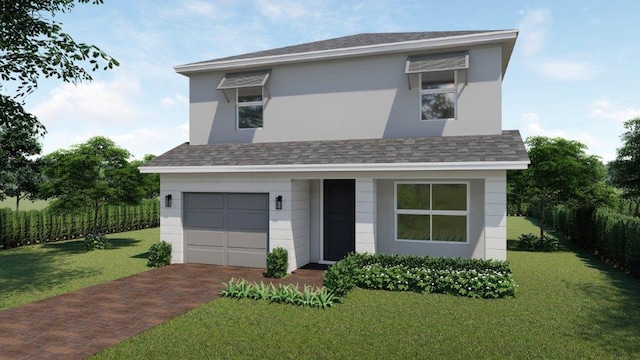 716 NW 18th Way, Pompano Beach, FL 33069 - contemporary home featuring a front yard, an attached garage, a shingled roof, decorative driveway, and stucco siding