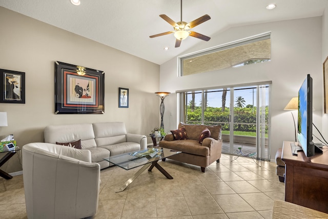 7116 Trentino Way, Boynton Beach, FL 33472 - living area featuring ceiling fan, high vaulted ceiling, light tile patterned floors, and recessed lighting