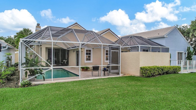 9278 Heathridge Dr, West Palm Beach, FL 33411 - rear view of property featuring stucco siding, a patio, glass enclosure, an outdoor pool, and a chimney