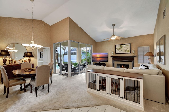 9278 Heathridge Dr, West Palm Beach, FL 33411 - carpeted living area with a chandelier, a warm lit fireplace, ceiling fan, high vaulted ceiling, and tile patterned flooring