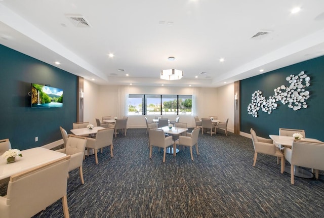 14517 Three Ponds Trl, Delray Beach, FL 33446 - dining space with carpet flooring, a tray ceiling, recessed lighting, and baseboards
