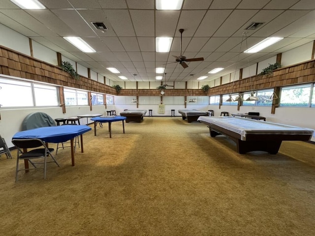 1225 NW 21st St NW Unit 15-1505, Stuart, FL 34994 - rec room featuring pool table, carpet floors, plenty of natural light, a ceiling fan, and a drop ceiling