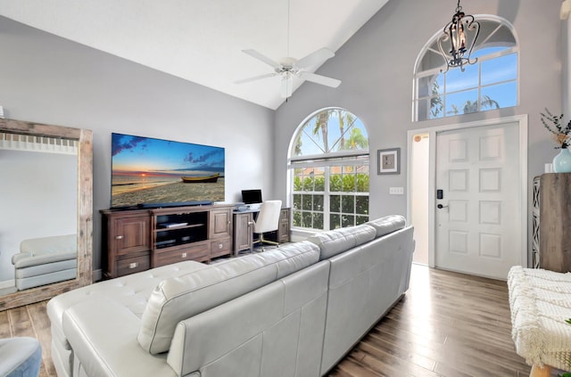 7989 Lakewood Cove Ct, Lake Worth, FL 33467 - living area with wood finished floors, high vaulted ceiling, an office area, and ceiling fan