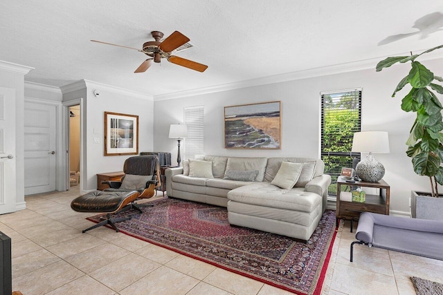3523 Pine Haven Cir, Boca Raton, FL 33431 - living area with ceiling fan, light tile patterned floors, and crown molding