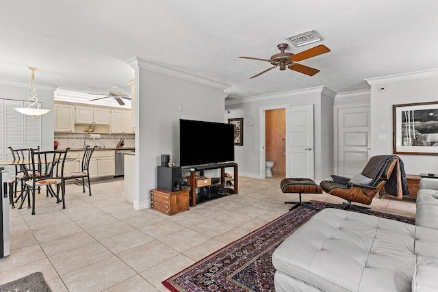 3523 Pine Haven Cir, Boca Raton, FL 33431 - living area with a ceiling fan, ornamental molding, and light tile patterned flooring