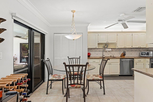 3523 Pine Haven Cir, Boca Raton, FL 33431 - dining room with a ceiling fan, light tile patterned floors, and crown molding