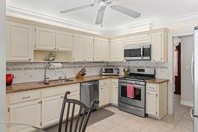 3523 Pine Haven Cir, Boca Raton, FL 33431 - kitchen with stainless steel appliances, tasteful backsplash, dark stone countertops, crown molding, and open shelves