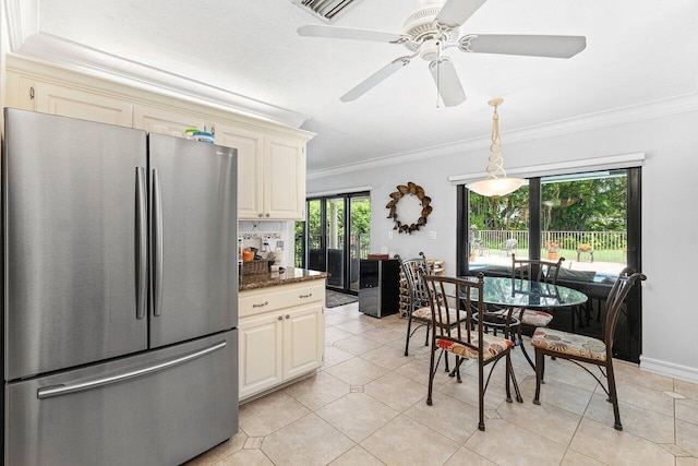 3523 Pine Haven Cir, Boca Raton, FL 33431 - dining space featuring ornamental molding, light tile patterned flooring, and ceiling fan