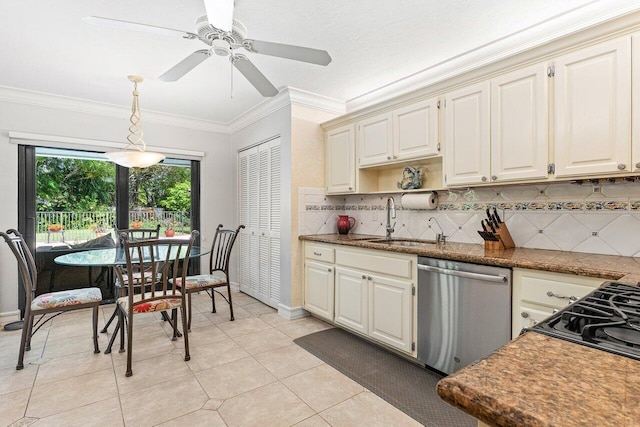 3523 Pine Haven Cir, Boca Raton, FL 33431 - kitchen with stainless steel dishwasher, backsplash, pendant lighting, ornamental molding, and ceiling fan