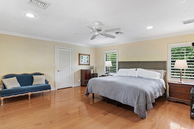 3523 Pine Haven Cir, Boca Raton, FL 33431 - bedroom featuring light wood-type flooring, ornamental molding, recessed lighting, and ceiling fan