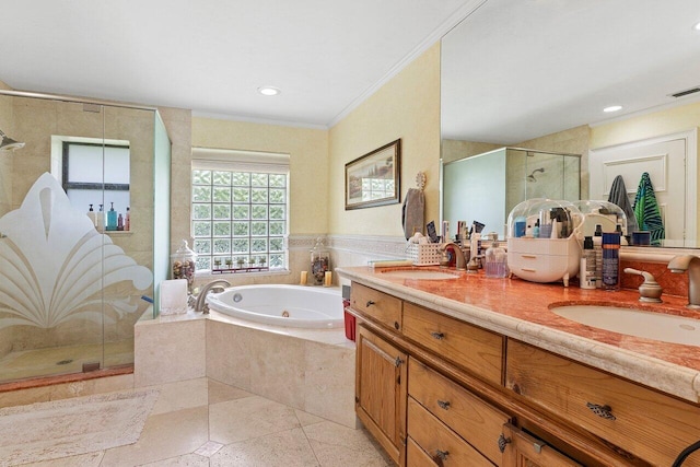3523 Pine Haven Cir, Boca Raton, FL 33431 - full bath with a stall shower, a jetted tub, double vanity, crown molding, and recessed lighting