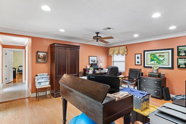 3523 Pine Haven Cir, Boca Raton, FL 33431 - home office with ceiling fan, light wood finished floors, recessed lighting, and ornamental molding