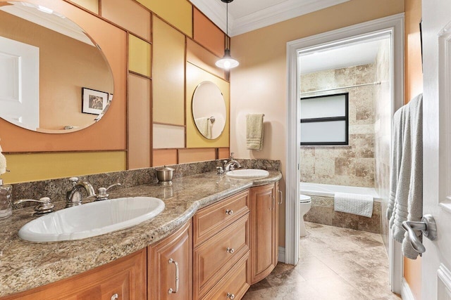 3523 Pine Haven Cir, Boca Raton, FL 33431 - bathroom with double vanity, crown molding, and tiled shower / bath combo