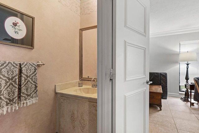 3523 Pine Haven Cir, Boca Raton, FL 33431 - bathroom featuring tile patterned flooring, vanity, and ornamental molding