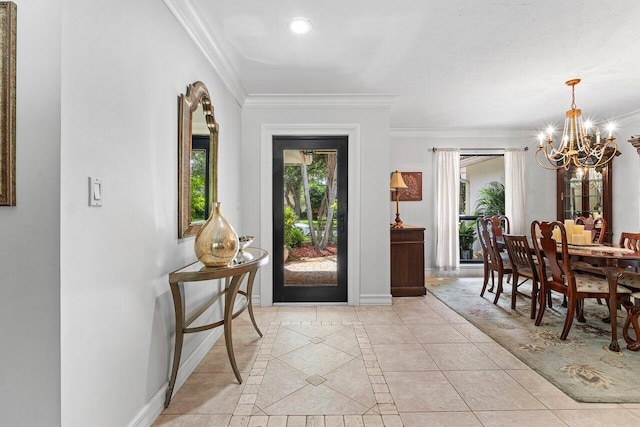 3523 Pine Haven Cir, Boca Raton, FL 33431 - entryway with healthy amount of natural light, a chandelier, ornamental molding, inlaid floor details, and light tile patterned floors