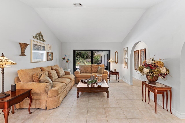 3523 Pine Haven Cir, Boca Raton, FL 33431 - living room featuring arched walkways, light tile patterned flooring, and high vaulted ceiling