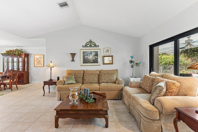 3523 Pine Haven Cir, Boca Raton, FL 33431 - living area featuring light tile patterned floors and vaulted ceiling