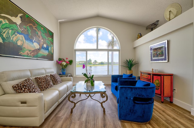 4290 Camrose Ln, West Palm Beach, FL 33417 - living area featuring wood finished floors, vaulted ceiling, a water view, and a textured ceiling