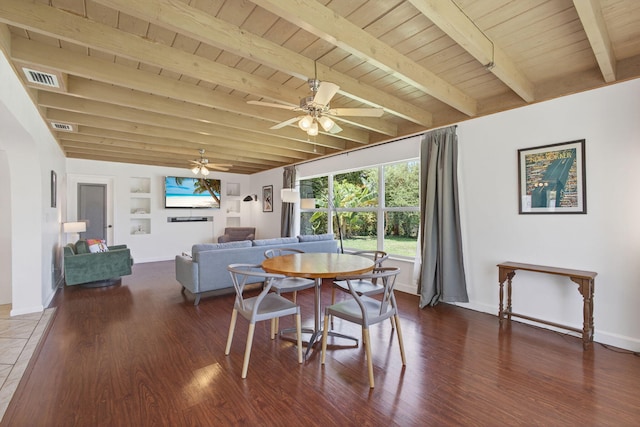 2476 S Florida Mango Rd, West Palm Beach, FL 33406 - dining area with wooden ceiling with exposed beams, wood finished floors, baseboards, a ceiling fan, and built in shelves