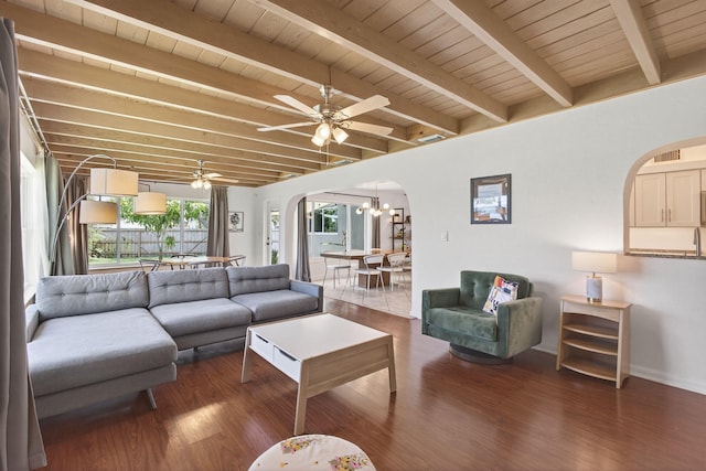 2476 S Florida Mango Rd, West Palm Beach, FL 33406 - living area with arched walkways, ceiling fan, wood finished floors, a chandelier, and wooden ceiling with exposed beams