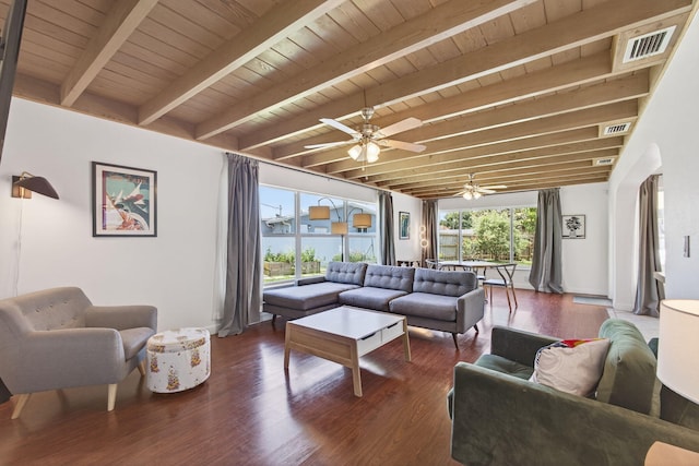 2476 S Florida Mango Rd, West Palm Beach, FL 33406 - living area featuring plenty of natural light, wood finished floors, ceiling fan, and wood ceiling with exposed beams