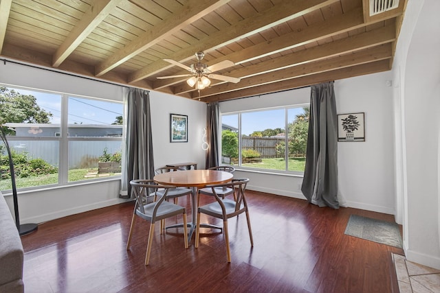 2476 S Florida Mango Rd, West Palm Beach, FL 33406 - dining area with healthy amount of natural light, baseboards, wood ceiling with exposed beams, and ceiling fan