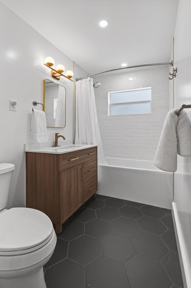 2476 S Florida Mango Rd, West Palm Beach, FL 33406 - full bathroom with toilet, vanity, shower / tub combo with curtain, recessed lighting, and tile patterned flooring