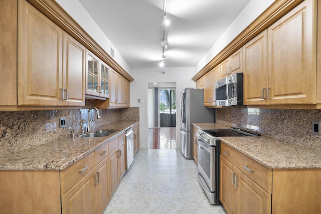 1401 S Ocean Blvd Unit 305, Boca Raton, FL 33432 - kitchen featuring stainless steel appliances, a sink, light stone counters, and glass insert cabinets