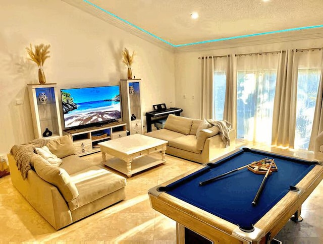 9823 NE Sun Pointe Dr, Boynton Beach, FL 33437 - rec room with healthy amount of natural light, billiards, a textured ceiling, and crown molding