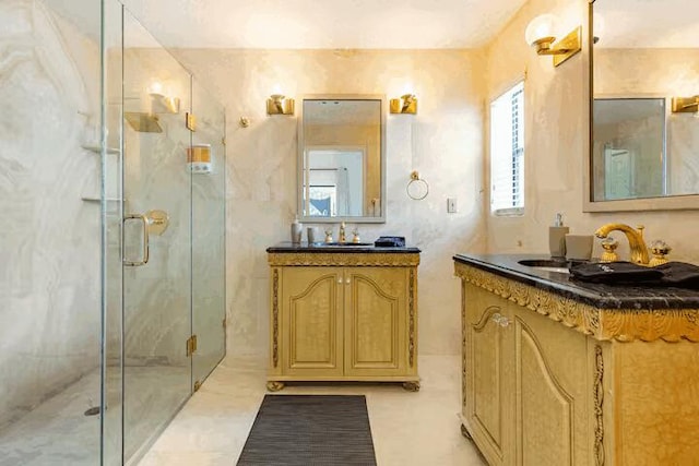 9823 NE Sun Pointe Dr, Boynton Beach, FL 33437 - bathroom featuring a shower stall and two vanities