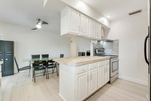 13655 N 68th St N, West Palm Beach, FL 33412 - kitchen with stainless steel electric range oven, wall chimney range hood, light wood finished floors, backsplash, and light countertops