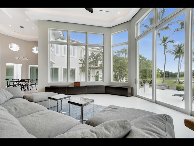 12990 Marsh Lndg, Palm Beach Gardens, FL 33418 - living room with ceiling fan and a towering ceiling