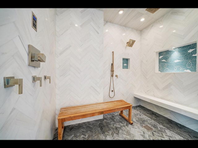 12990 Marsh Lndg, Palm Beach Gardens, FL 33418 - bathroom with a marble finish shower, tile walls, and recessed lighting
