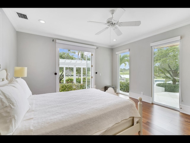 12990 Marsh Lndg, Palm Beach Gardens, FL 33418 - bedroom with access to exterior, wood finished floors, crown molding, recessed lighting, and ceiling fan