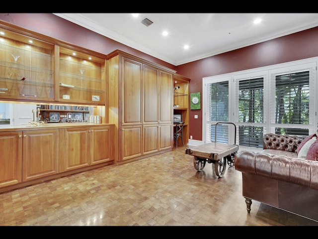 12990 Marsh Lndg, Palm Beach Gardens, FL 33418 - living room with ornamental molding and recessed lighting