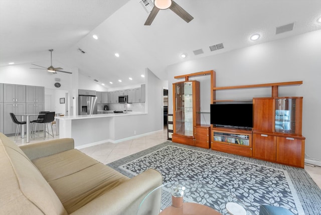 3099 NW 28th Ter, Boca Raton, FL 33434 - living room featuring ceiling fan, high vaulted ceiling, recessed lighting, light tile patterned floors, and baseboards