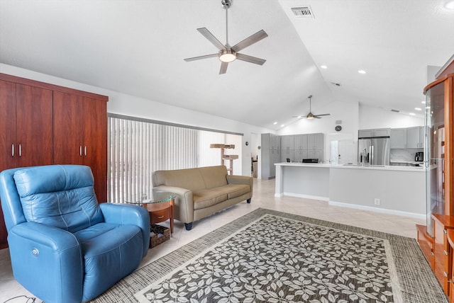 3099 NW 28th Ter, Boca Raton, FL 33434 - living room featuring ceiling fan, high vaulted ceiling, light tile patterned floors, and recessed lighting