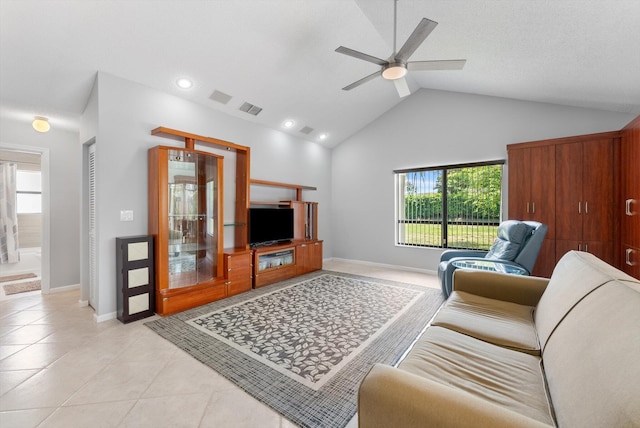 3099 NW 28th Ter, Boca Raton, FL 33434 - living room with ceiling fan, baseboards, light tile patterned flooring, recessed lighting, and high vaulted ceiling