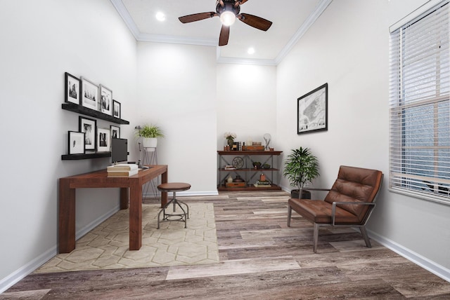1415 SE Legacy Cove Cir, Stuart, FL 34997 - office space with ornamental molding, ceiling fan, wood finished floors, and recessed lighting
